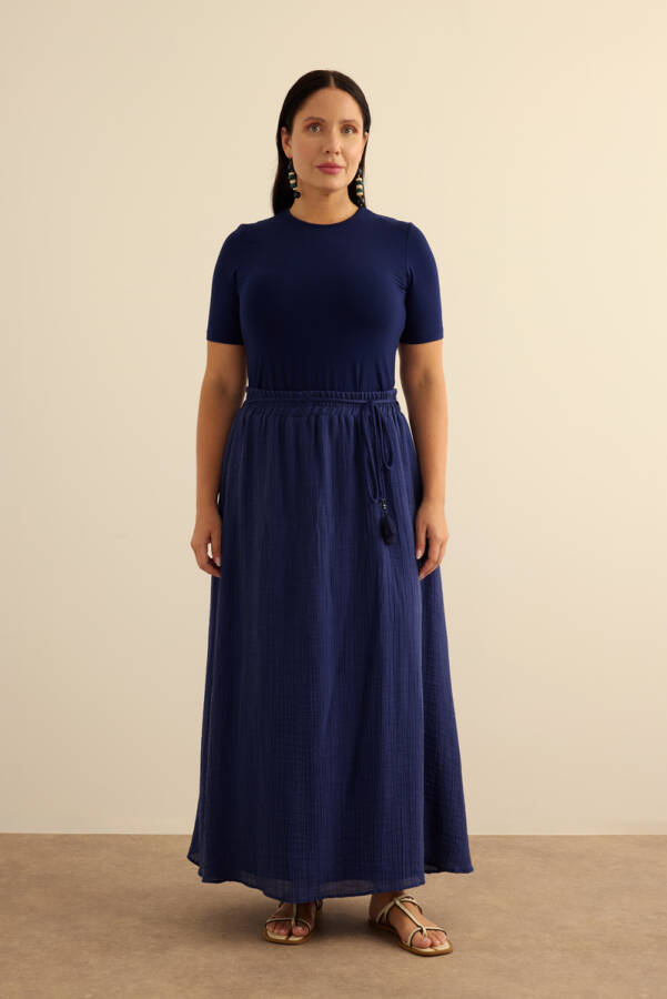 Lacivert Bağcıklı Viscon Etek - Aker