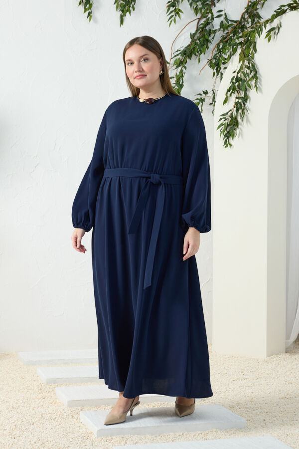 Lacivert Bel ve Kol Ucu Lastik Detaylı Elbise - Aker (1)