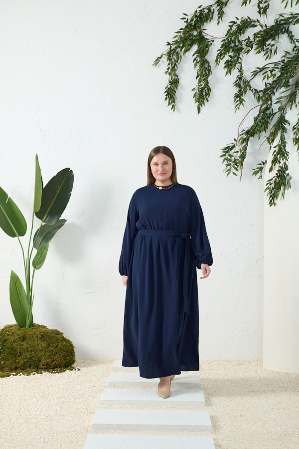 Lacivert Bel ve Kol Ucu Lastik Detaylı Elbise - 1