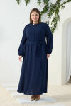 Lacivert Bel ve Kol Ucu Lastik Detaylı Elbise - 3
