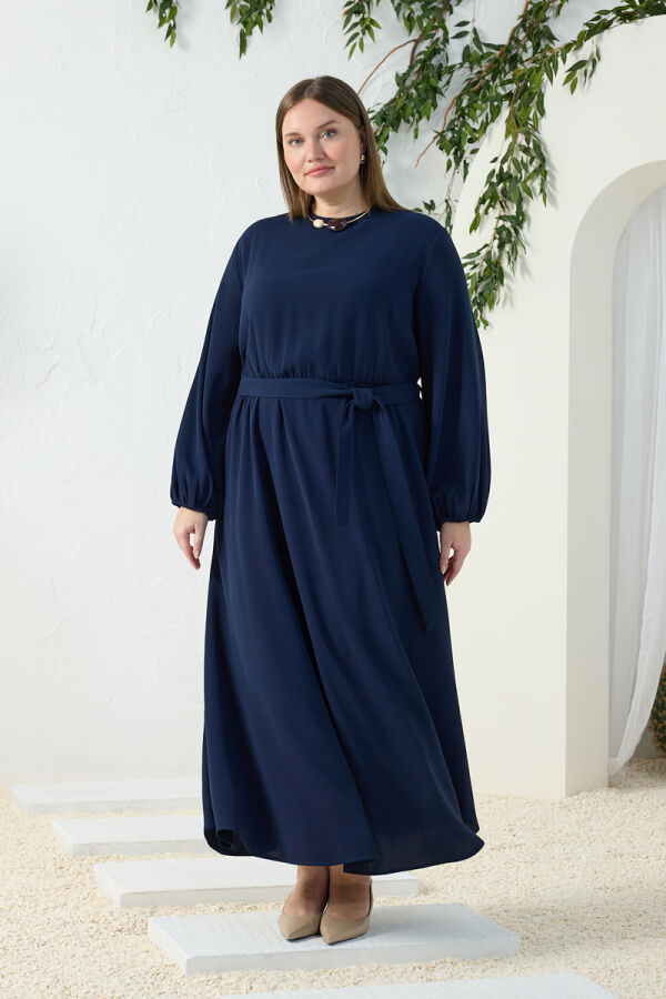 Lacivert Bel ve Kol Ucu Lastik Detaylı Elbise - 4