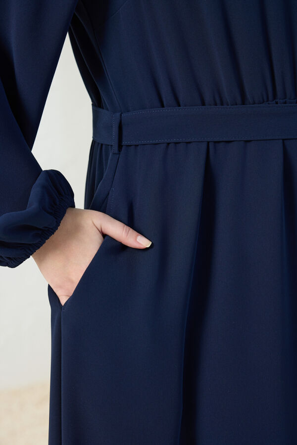 Lacivert Bel ve Kol Ucu Lastik Detaylı Elbise - 6