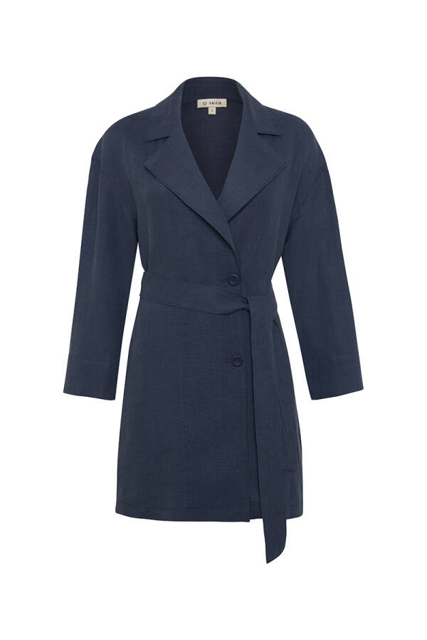 Lacivert Belden Kuşaklı Keten Ceket - Aker