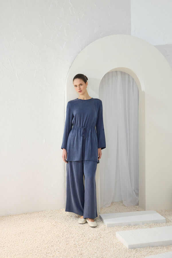 Lacivert Beli Ayarlanabilir Lastik Detaylı Tunik - Aker