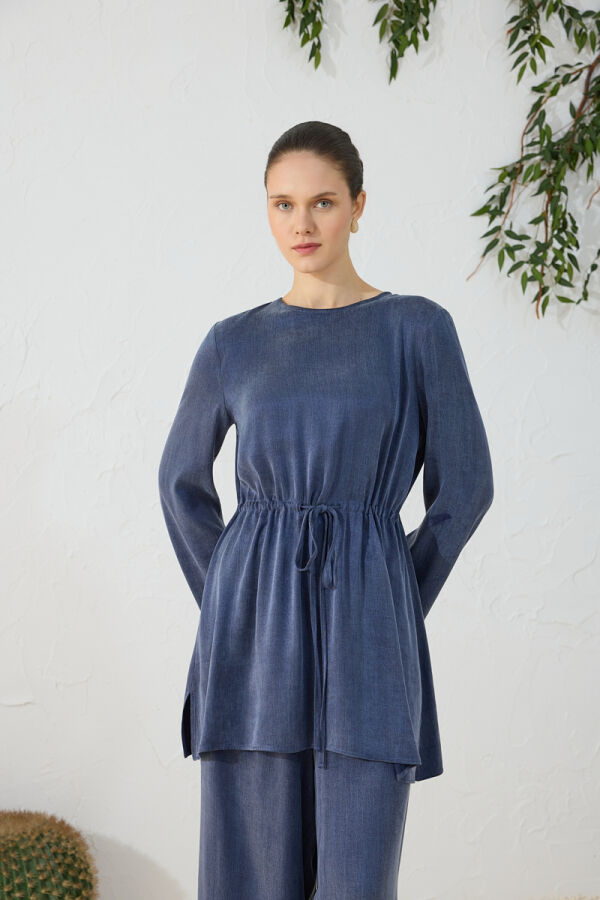 Lacivert Beli Ayarlanabilir Lastik Detaylı Tunik - 3