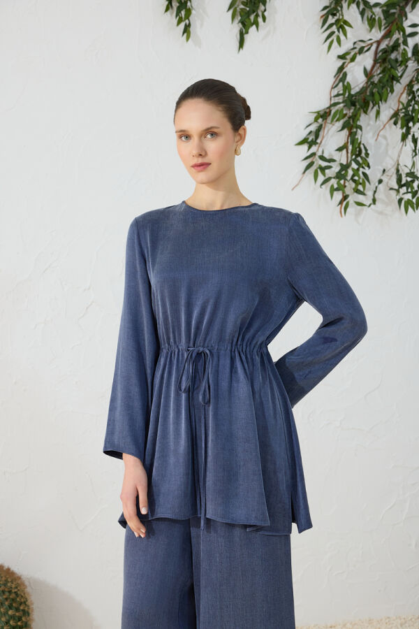 Lacivert Beli Ayarlanabilir Lastik Detaylı Tunik - 4