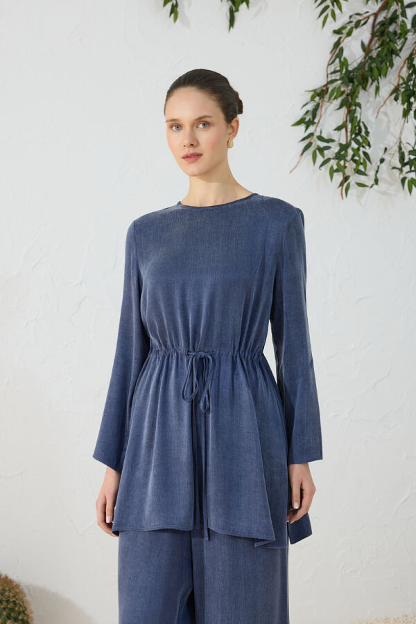 Lacivert Beli Ayarlanabilir Lastik Detaylı Tunik - 5