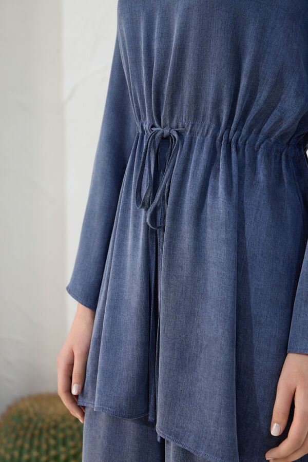 Lacivert Beli Ayarlanabilir Lastik Detaylı Tunik - 6