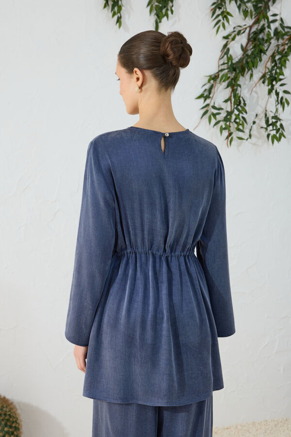 Lacivert Beli Ayarlanabilir Lastik Detaylı Tunik - 7