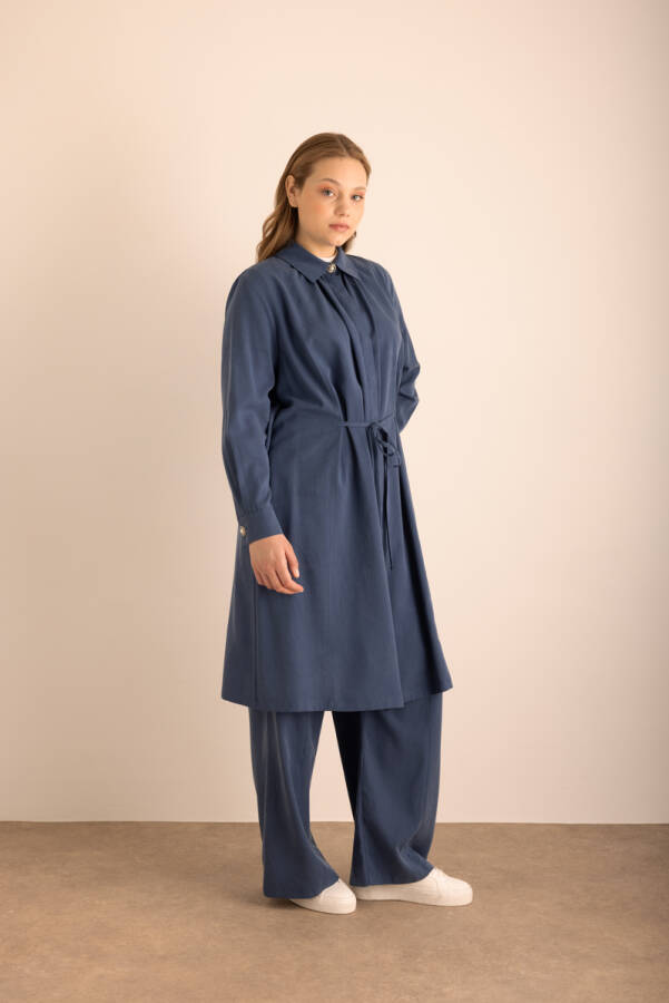 Lacivert Beli Bağcıklı Tencel Cotton Tunik - 4