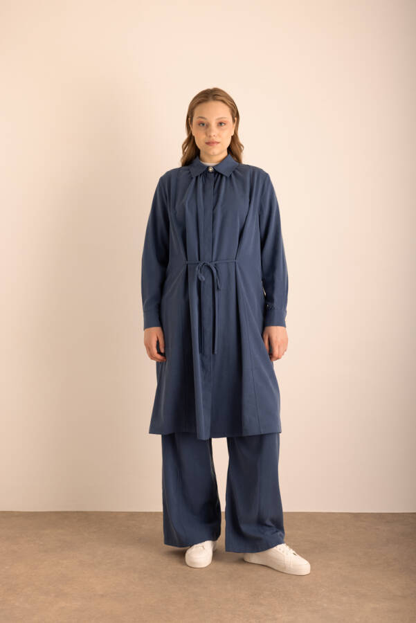 Lacivert Beli Bağcıklı Tencel Cotton Tunik - 1