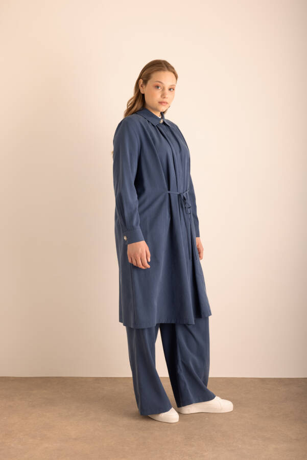 Lacivert Beli Bağcıklı Tencel Cotton Tunik - 2