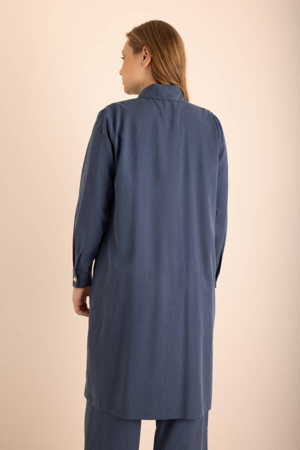 Lacivert Beli Bağcıklı Tencel Cotton Tunik - 5