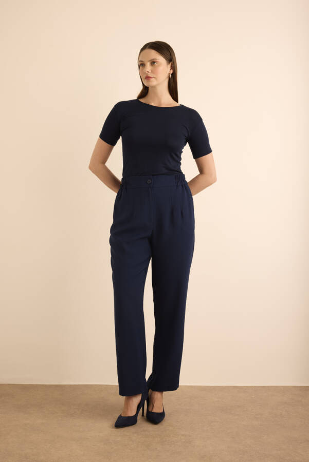 Lacivert Beli Lastik Detaylı Krep Pantolon - 1