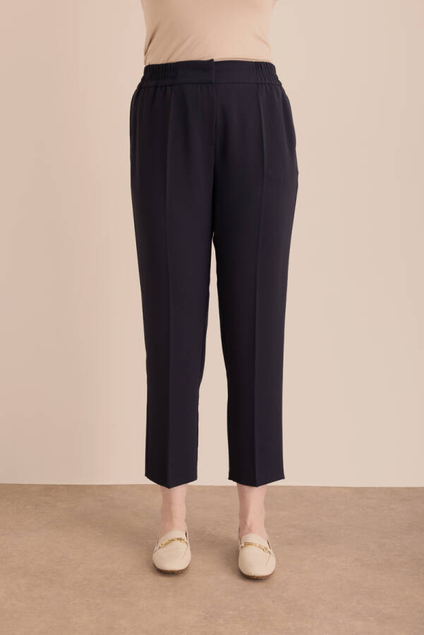 Lacivert Beli Lastikli Detaylı Dokuma Havuç Pantolon - 2