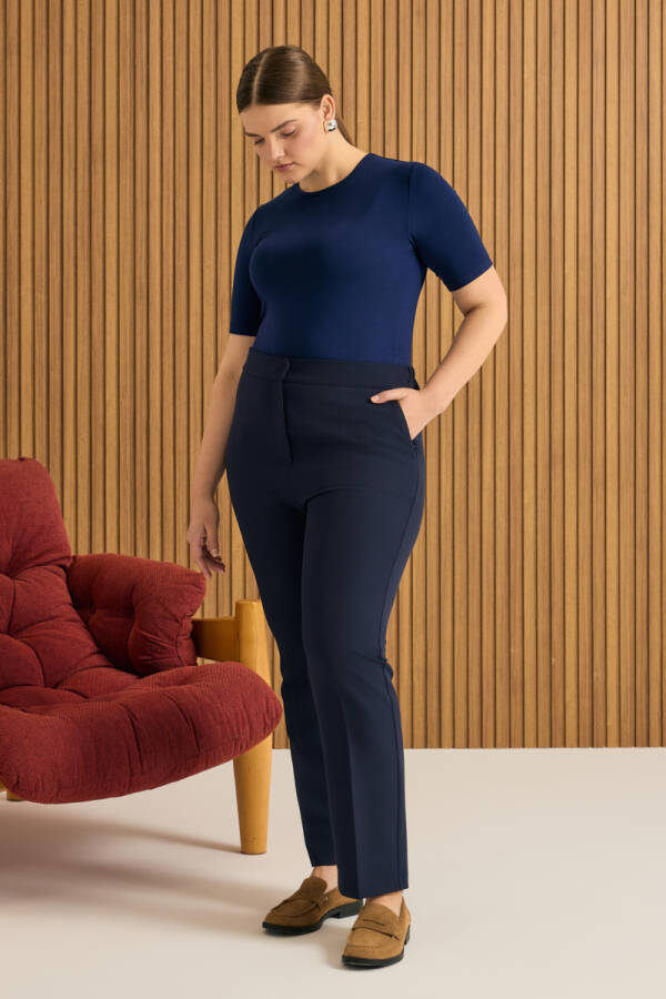 Lacivert Beli Lastikli Dokuma Pantolon - 1