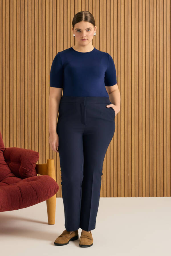 Lacivert Beli Lastikli Dokuma Pantolon - 2