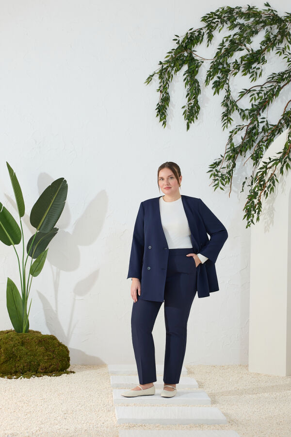 Lacivert Beli Lastikli Dokuma Pantolon - Aker