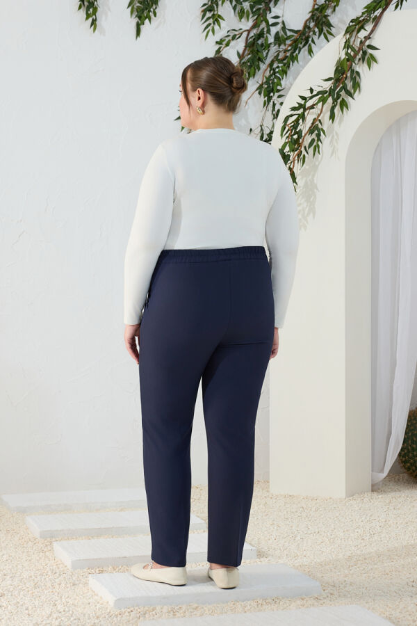 Lacivert Beli Lastikli Dokuma Pantolon - 6