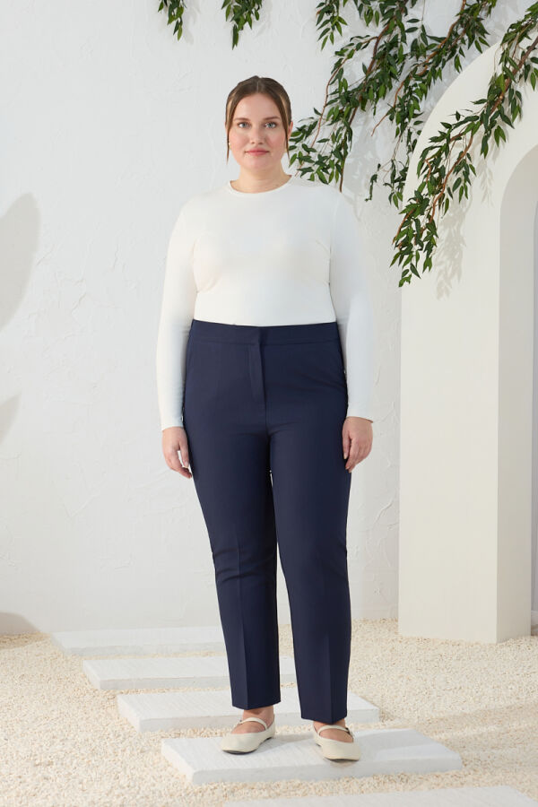 Lacivert Beli Lastikli Dokuma Pantolon - 3