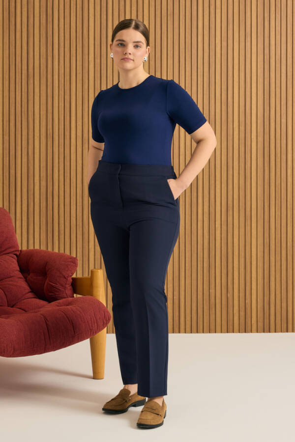 Lacivert Beli Lastikli Dokuma Pantolon - 3