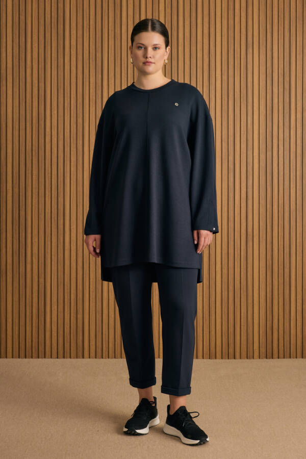 Lacivert Beli Lastikli Duble Paçalı Örme Pantolon - 1