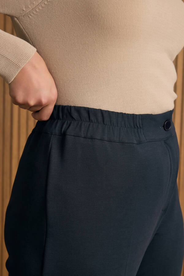 Lacivert Beli Lastikli Duble Paçalı Örme Pantolon - 4