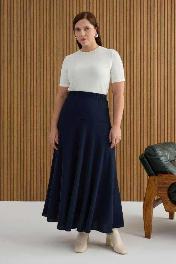 Lacivert Beli Lastikli Etek - Aker