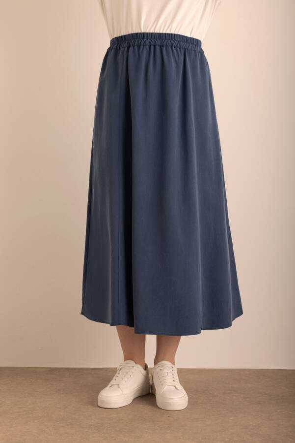 Lacivert Beli Lastikli Tencel Cotton Etek - Aker (1)