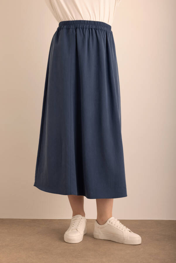 Lacivert Beli Lastikli Tencel Cotton Etek - 3