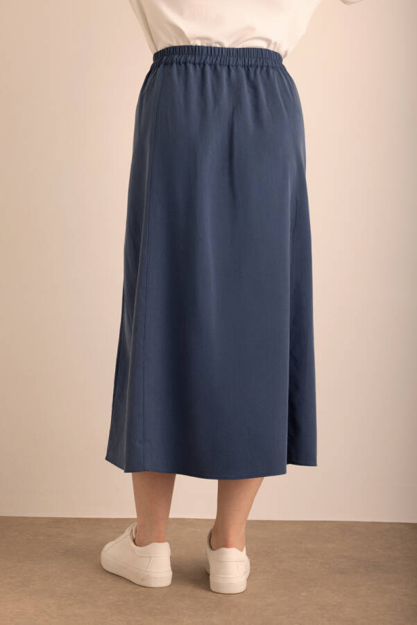 Lacivert Beli Lastikli Tencel Cotton Etek - 6