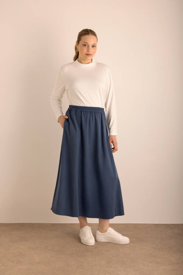 Lacivert Beli Lastikli Tencel Cotton Etek - Aker