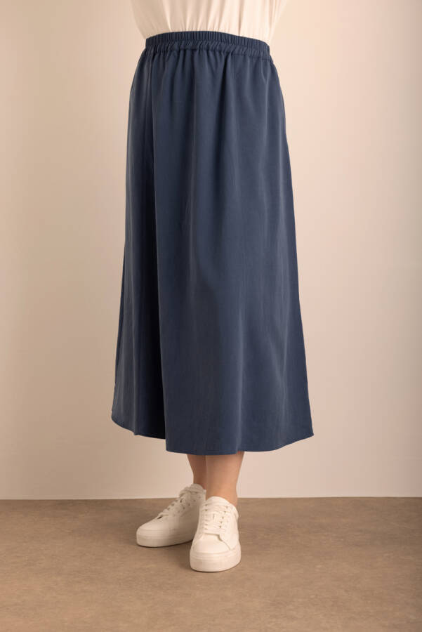 Lacivert Beli Lastikli Tencel Cotton Etek - 5