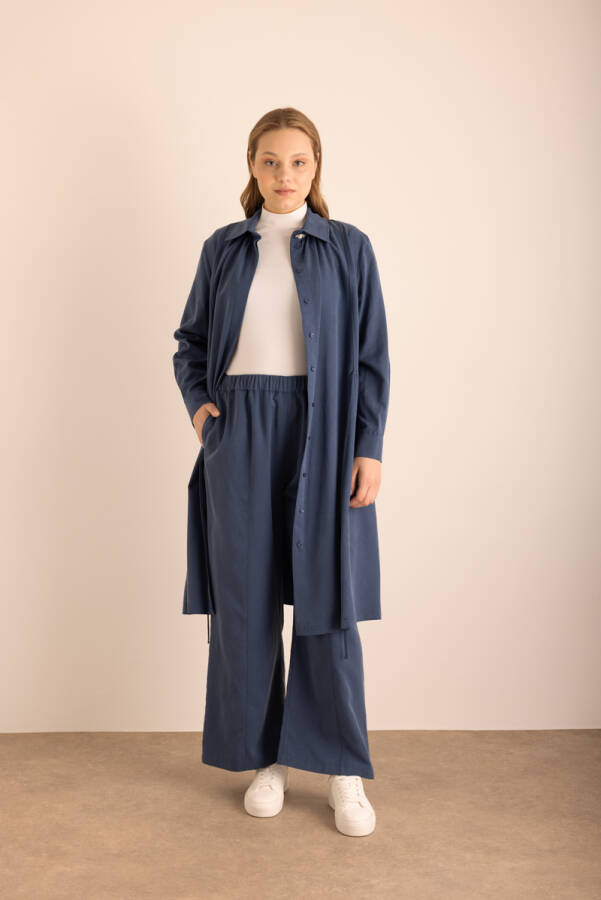 Lacivert Beli Lastikli Tencel Cotton Pantolon - 1