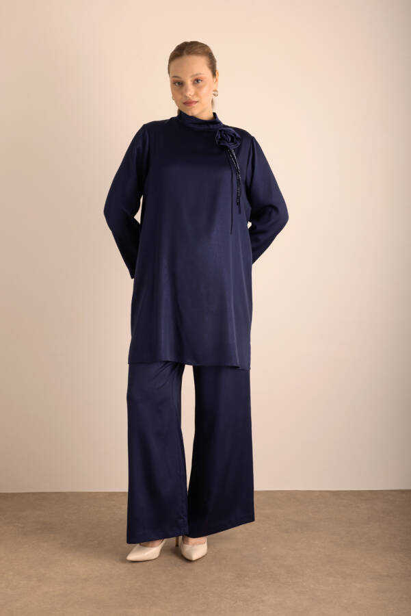 Lacivert Beli Lastikli Varak Dokuma Kumaş Pantolon - 1