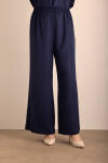 Lacivert Beli Lastikli Varak Dokuma Kumaş Pantolon - 2