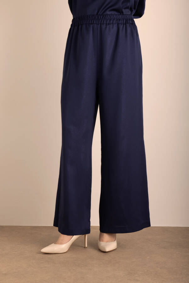 Lacivert Beli Lastikli Varak Dokuma Kumaş Pantolon - 4