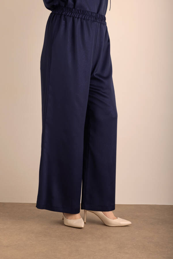 Lacivert Beli Lastikli Varak Dokuma Kumaş Pantolon - 5
