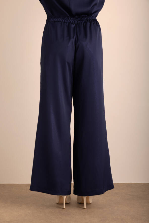 Lacivert Beli Lastikli Varak Dokuma Kumaş Pantolon - 6