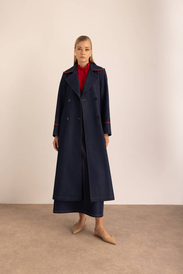 Lacivert Biye Detaylı Denim Görünümlü Trençkot - 4