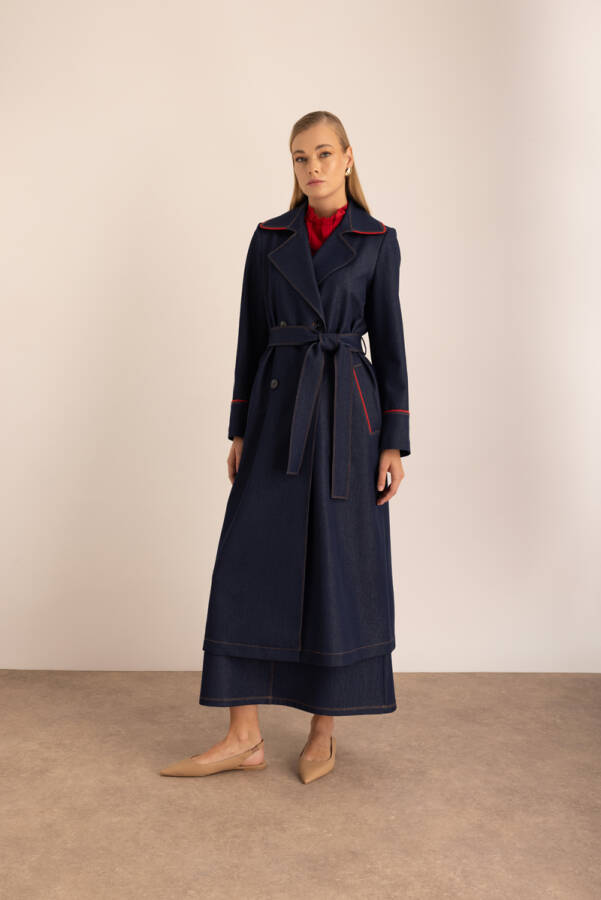 Lacivert Biye Detaylı Denim Görünümlü Trençkot - Aker