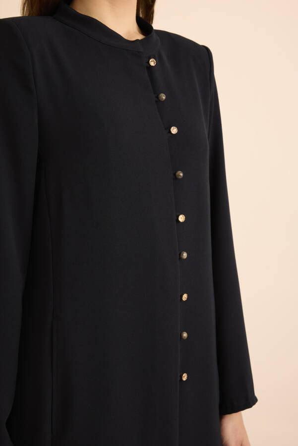 Lacivert Brit Düğme Detaylı Ferace - 6