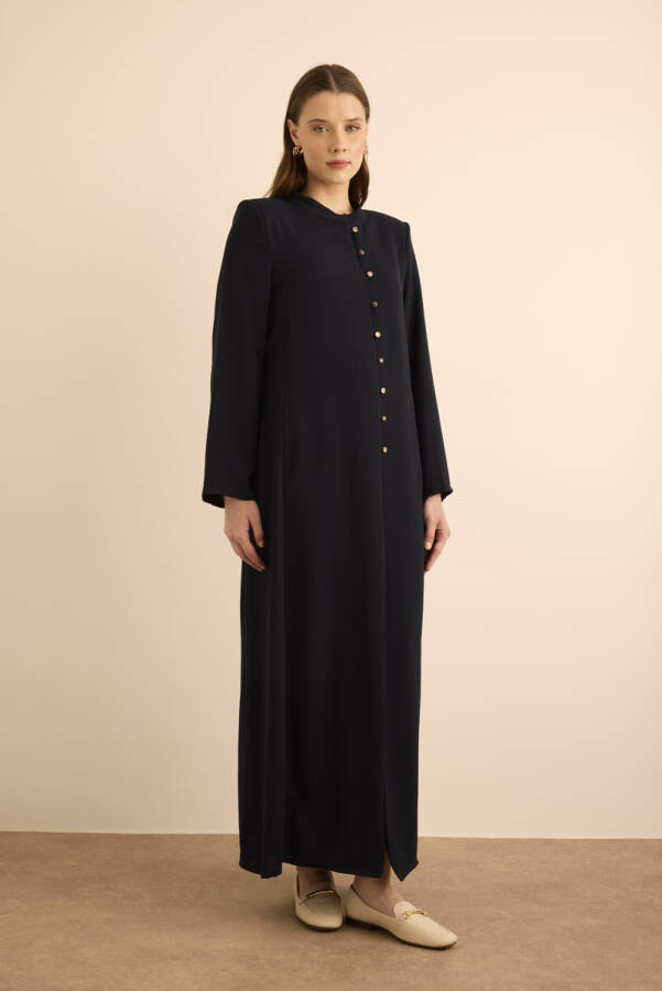 Lacivert Brit Düğme Detaylı Ferace - 4