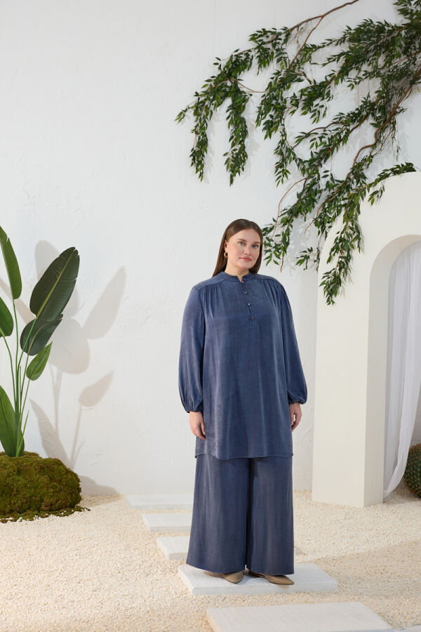 Lacivert Büzgü Lastik Detaylı Tunik - 1