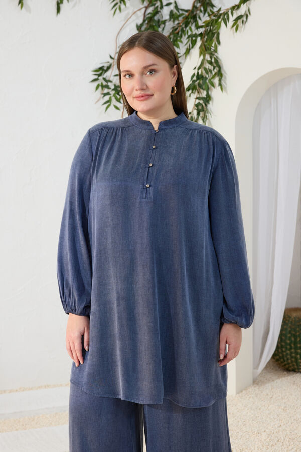 Lacivert Büzgü Lastik Detaylı Tunik - 2