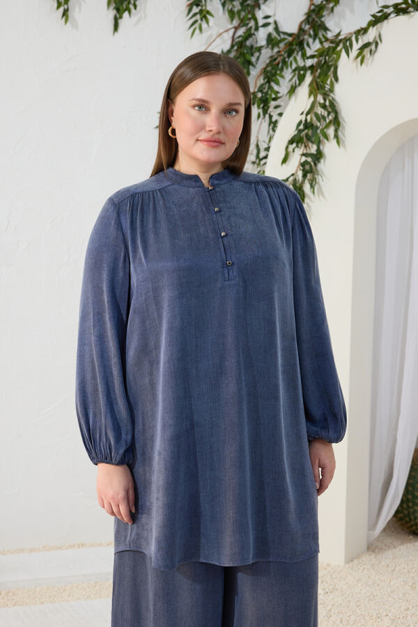 Lacivert Büzgü Lastik Detaylı Tunik - 3