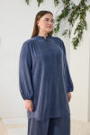 Lacivert Büzgü Lastik Detaylı Tunik - 5