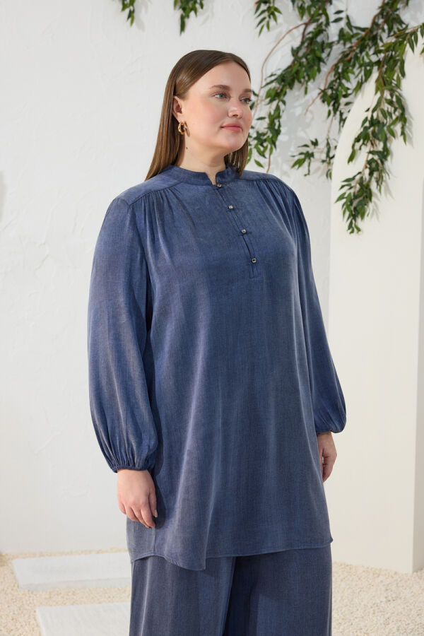 Lacivert Büzgü Lastik Detaylı Tunik - 5