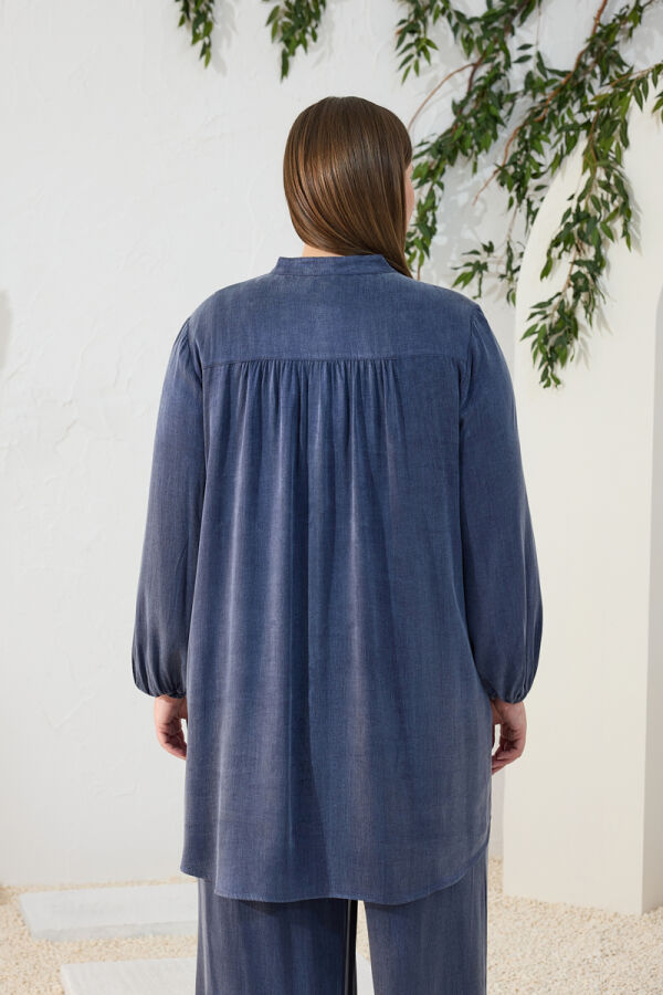 Lacivert Büzgü Lastik Detaylı Tunik - 7