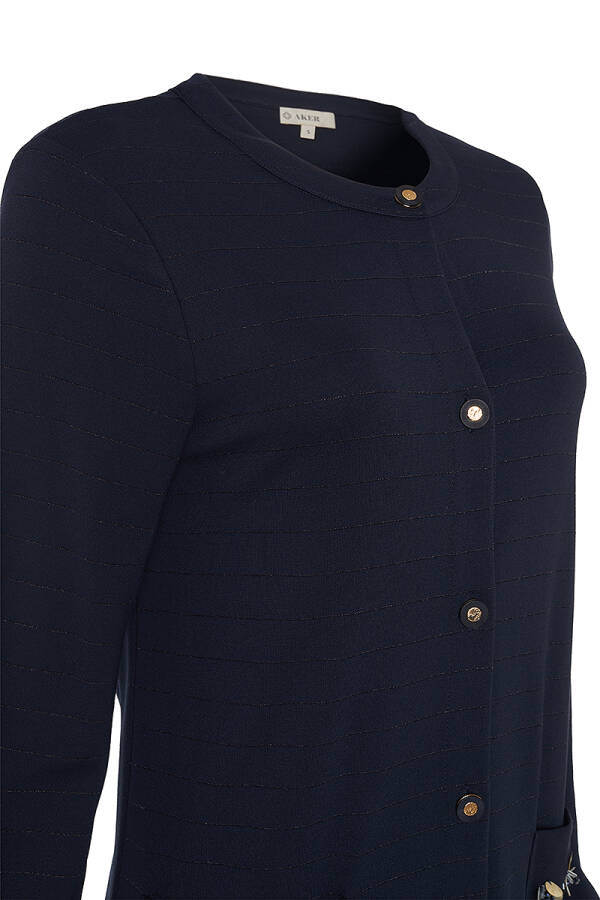 Lacivert Cepleri İşleme Detaylı Örme Uzun Hırka - Aker (1)